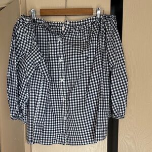 Merona Navy and White Off The Shoulder Gingham Top